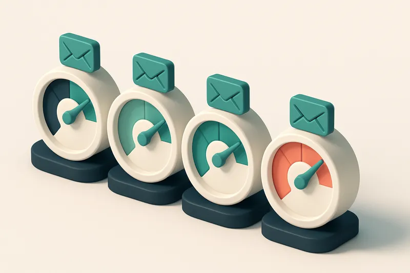 A row of four gauges, each showing a different level of email validation confidence