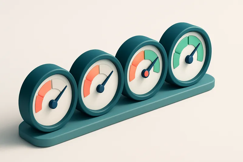 A row of four gauges showing status from red to green, with one needle in the 'valid' zone