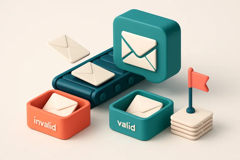 An isometric email inbox with a conveyor belt feeding in envelopes labeled with various email addresses; some fall into