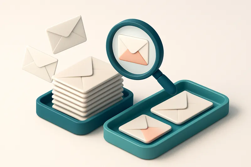 an isometric email inbox with envelopes being sorted onto a green 'valid' tray and a red 'invalid' tray, a magnifying gl