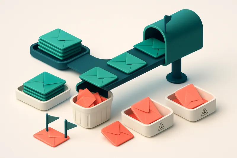 An isometric inbox with envelopes being sorted: green 'valid' envelopes on a tray, red 'invalid' ones on a trash bin, pi