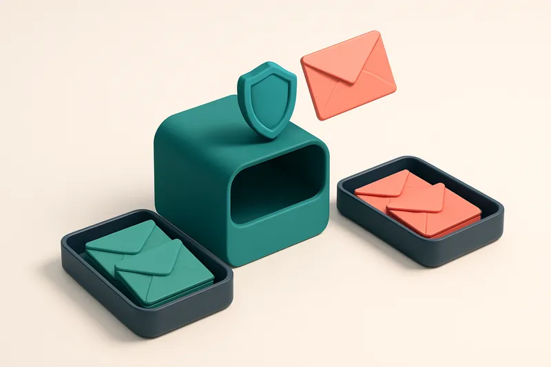 An isometric inbox with envelopes being sorted: green 'valid' envelopes on one tray, red 'invalid' ones on another, with